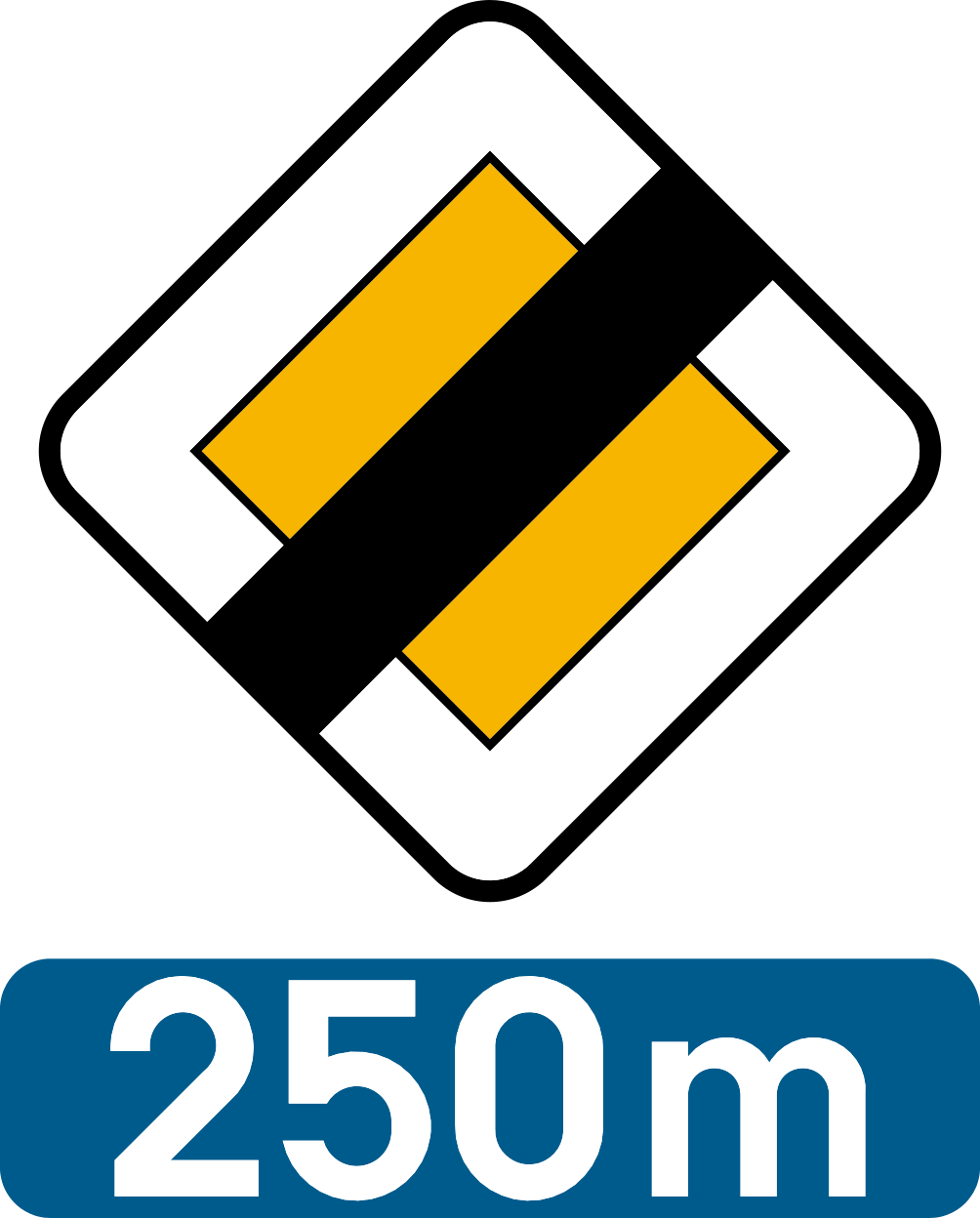 B13 : B13 - Signal annonçant le signal B11 (Fin de voie prioritaire) à la distance approximativement indiquée. Préav…