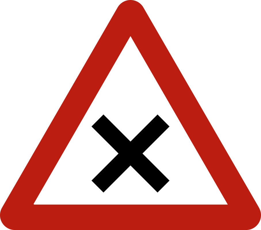 B17 : B17 - Carrefour où la priorité de droite est applicable. Triangle avec une croix au centre. À ce carrefour, il…